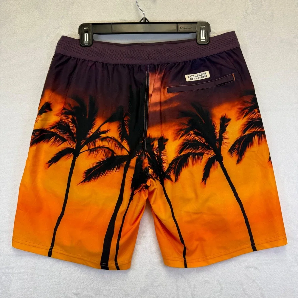 Fair Harbor Mens Medium Sunset Palm Tree Board‎ Shorts Orange Purple Swim Trunks